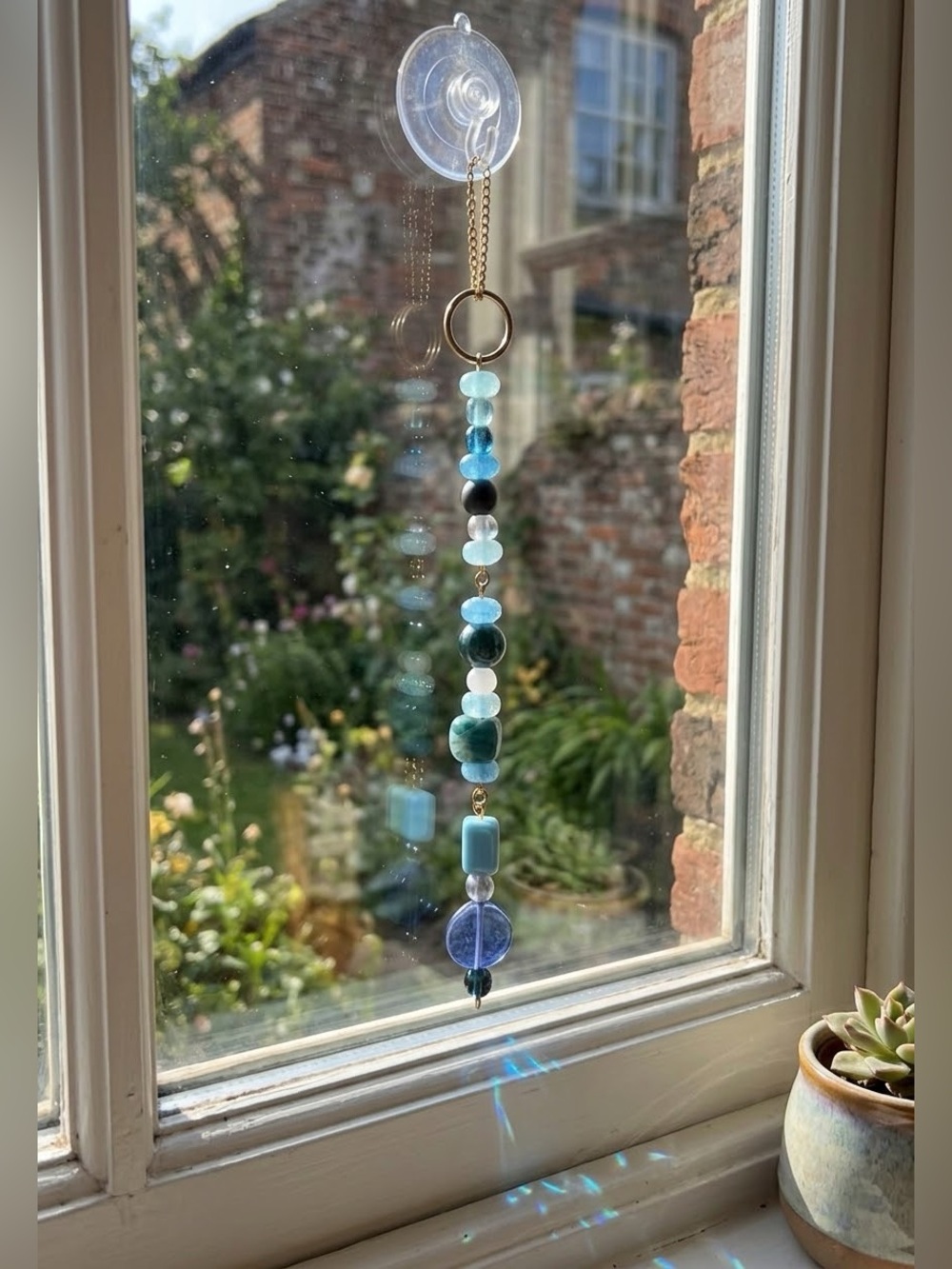 Blue Indigo Handmade Beaded Sun Catcher Window Charm Bag Charm Keychain 6”